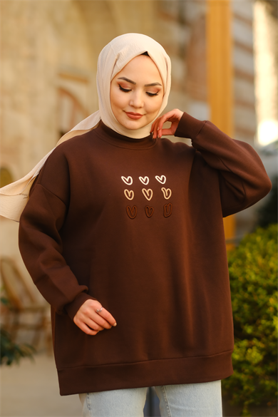Kalp Desenli Sweat Kahve