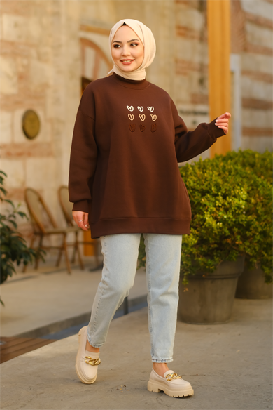 Kalp Desenli Sweat Kahve