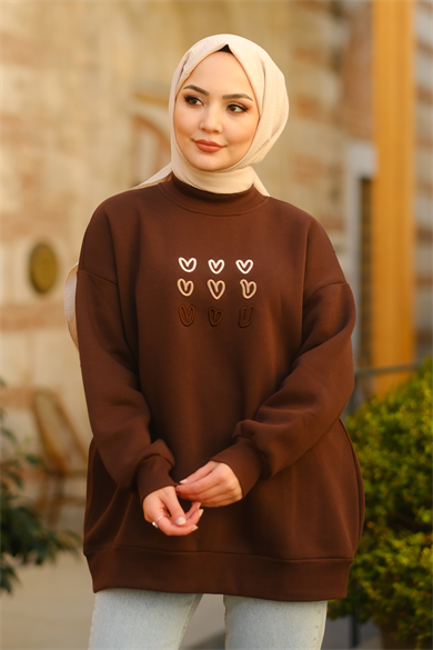 Kalp Desenli Sweat Kahve