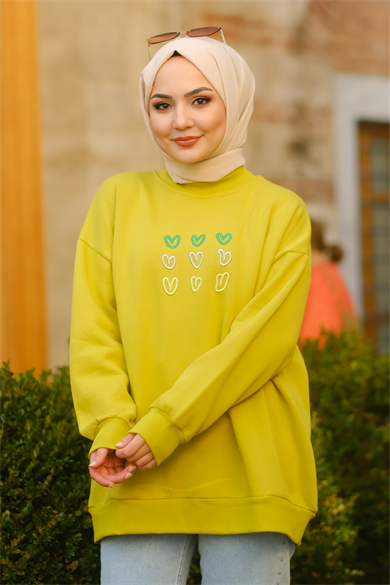 Kalp Desenli Sweat Yağ Yeşili