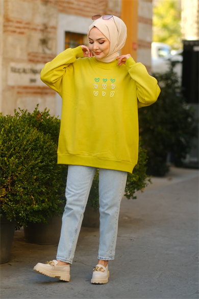 Kalp Desenli Sweat Yağ Yeşili