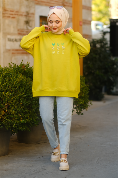 Kalp Desenli Sweat Yağ Yeşili