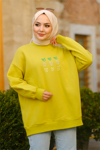 Kalp Desenli Sweat Yağ Yeşili