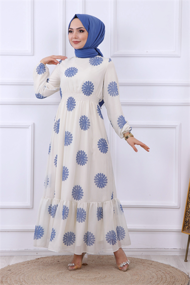 Kanaviçe Desen Şifon Elbise Mavi