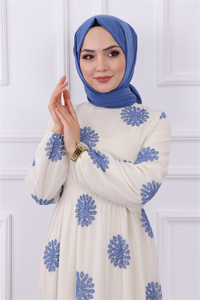 Kanaviçe Desen Şifon Elbise Mavi