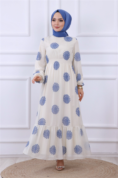 Kanaviçe Desen Şifon Elbise Mavi