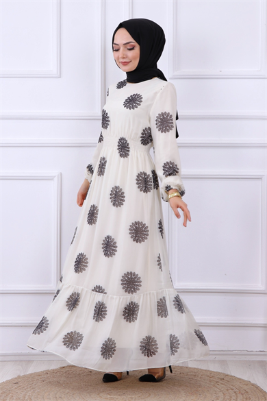 Kanaviçe Desen Şifon Elbise Siyah