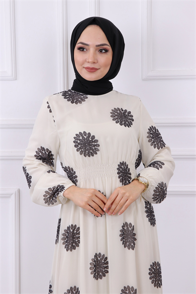 Kanaviçe Desen Şifon Elbise Siyah