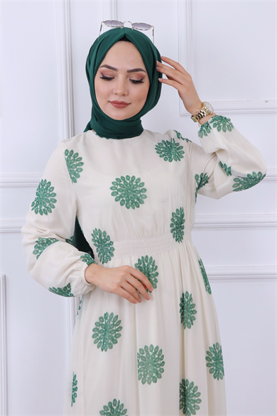 Kanaviçe Desen Şifon Elbise Yeşil