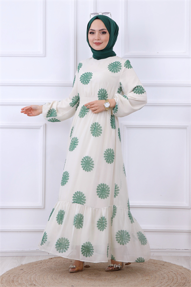 Kanaviçe Desen Şifon Elbise Yeşil