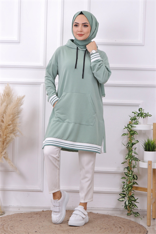 Kanguru Cep Kolu Ve Altı Ribanalı Tunik Mint Yeşili