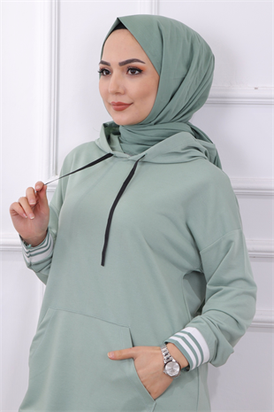 Kanguru Cep Kolu Ve Altı Ribanalı Tunik Mint Yeşili