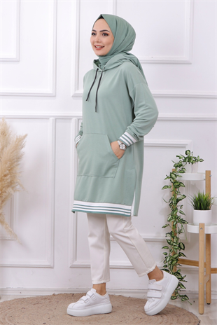 Kanguru Cep Kolu Ve Altı Ribanalı Tunik Mint Yeşili