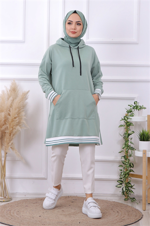 Kanguru Cep Kolu Ve Altı Ribanalı Tunik Mint Yeşili