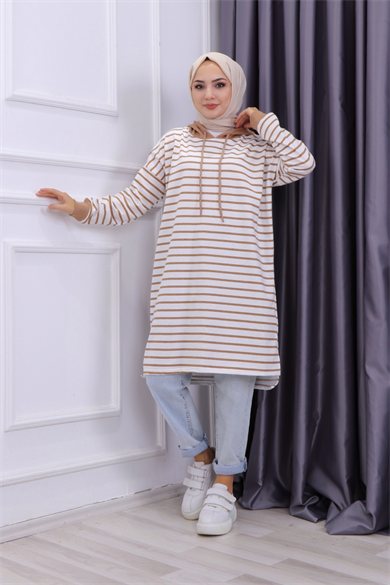 Kapşonlu Camel Beyaz Çizgili Sweat 