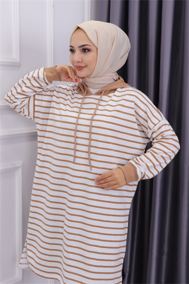 Kapşonlu Camel Beyaz Çizgili Sweat 