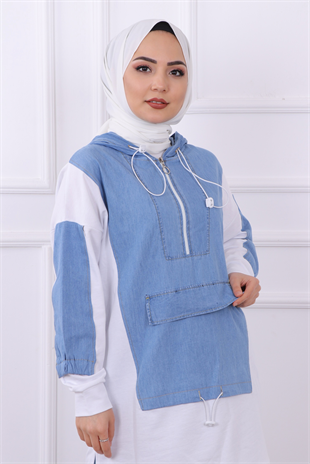 Kapşonlu Kot Detaylı Sweat 