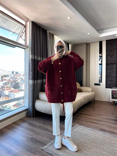 Kapşonlu Önden Düğmeli Yumoş Hırka Bordo
