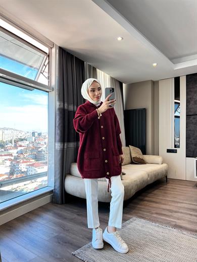 Kapşonlu Önden Düğmeli Yumoş Hırka Bordo