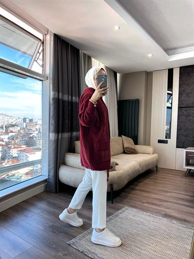 Kapşonlu Önden Düğmeli Yumoş Hırka Bordo