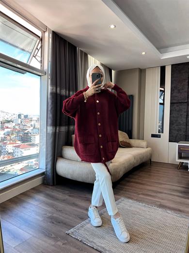 Kapşonlu Önden Düğmeli Yumoş Hırka Bordo