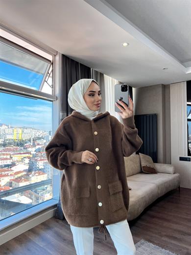 Kapşonlu Önden Düğmeli Yumoş Hırka Kahverengi