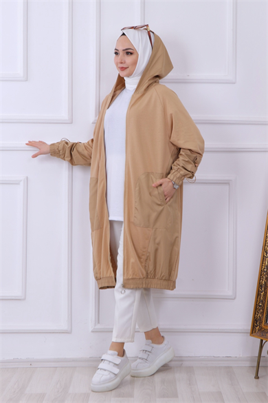Kapşonlu Önden Fermuarlı Hırka-Kap Camel