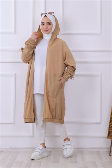 Kapşonlu Önden Fermuarlı Hırka-Kap Camel