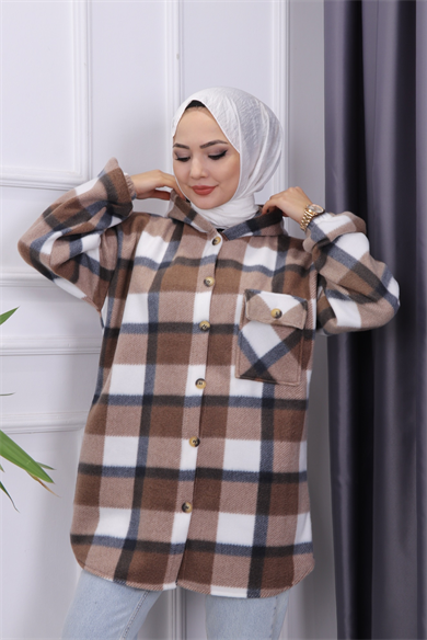 Kapşonlu Tunik Kahve Beyaz