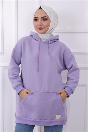 Kapşonlu Üç İplik Kumas Tunik Lila