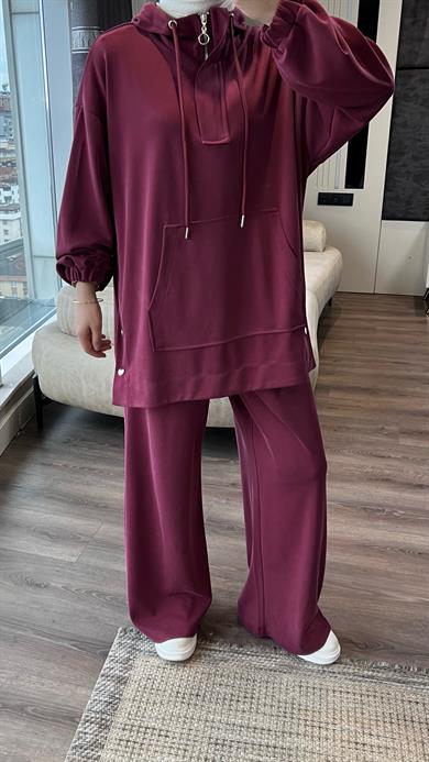 Kapşonlu Yanı Çıtçıtlı Modal Takım Bordo