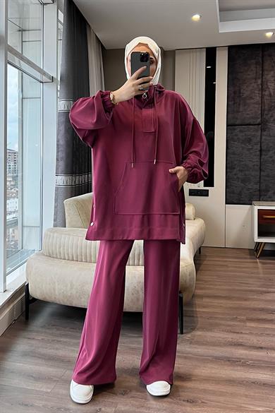 Kapşonlu Yanı Çıtçıtlı Modal Takım Bordo
