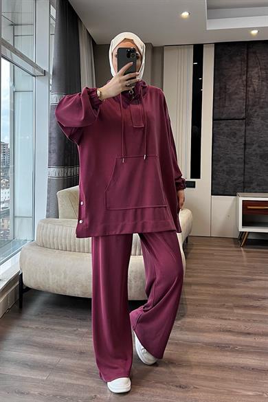 Kapşonlu Yanı Çıtçıtlı Modal Takım Bordo