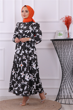 Karanfil Desenli Elbise Antrasit