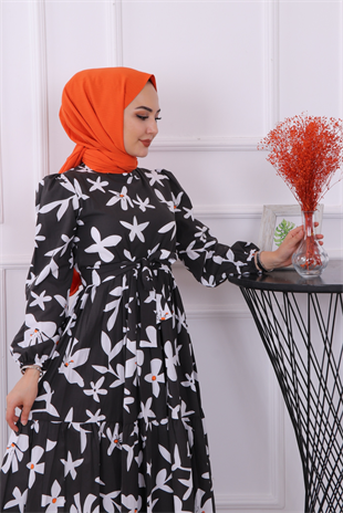 Karanfil Desenli Elbise Antrasit