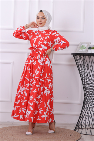 Karanfil Desenli Elbise Kırmızı