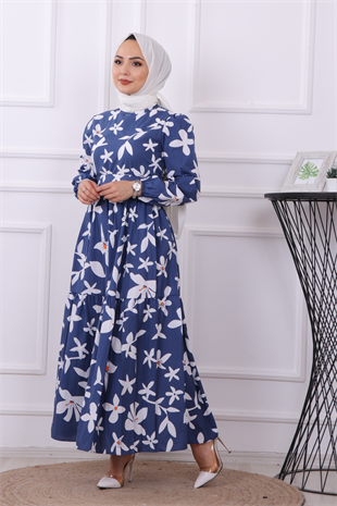 Karanfil Desenli Elbise Lacivert
