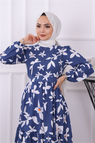 Karanfil Desenli Elbise Lacivert