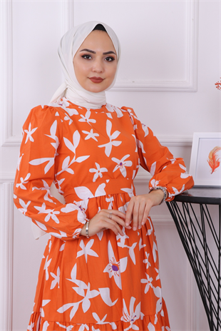 Karanfil Desenli Elbise Turuncu