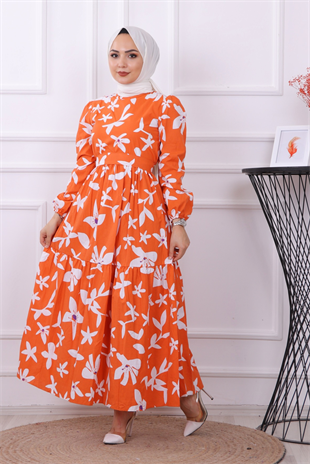 Karanfil Desenli Elbise Turuncu