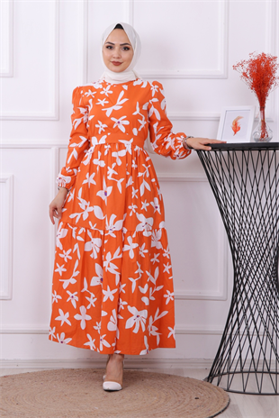 Karanfil Desenli Elbise Turuncu