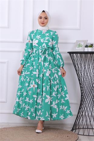 Karanfil Desenli Elbise Yeşil