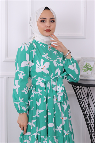 Karanfil Desenli Elbise Yeşil