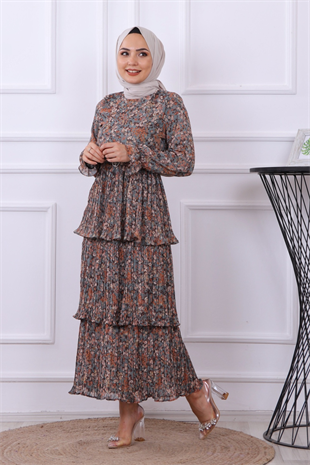 Kat Kat Çiçekli Elbise Haki Yeşili