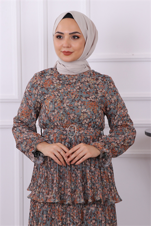 Kat Kat Çiçekli Elbise Haki Yeşili