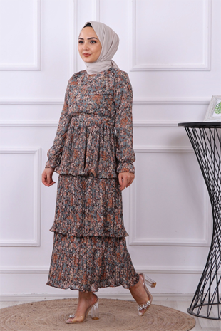 Kat Kat Çiçekli Elbise Haki Yeşili