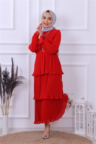 Kat Kat Pliseli Elbise Kırmızı