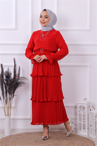 Kat Kat Pliseli Elbise Kırmızı