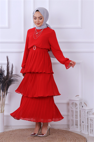 Kat Kat Pliseli Elbise Kırmızı