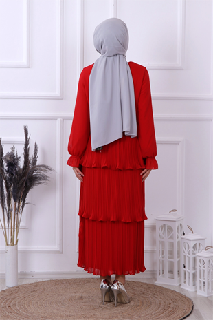 Kat Kat Pliseli Elbise Kırmızı